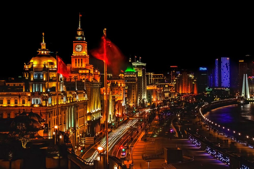 Shanghai, China, The Bund Buildings Monuments Night red Flags Cars
